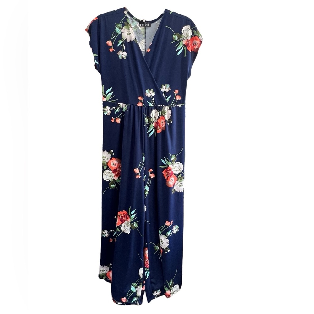 Bella Flore, size medium.  Navy with floral print wide-legged, cropped jumpsuit.